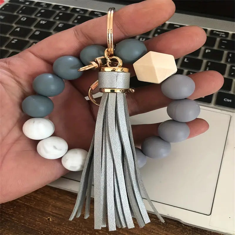 Silicone Beaded Keychain with Tassel  - 12 Colors