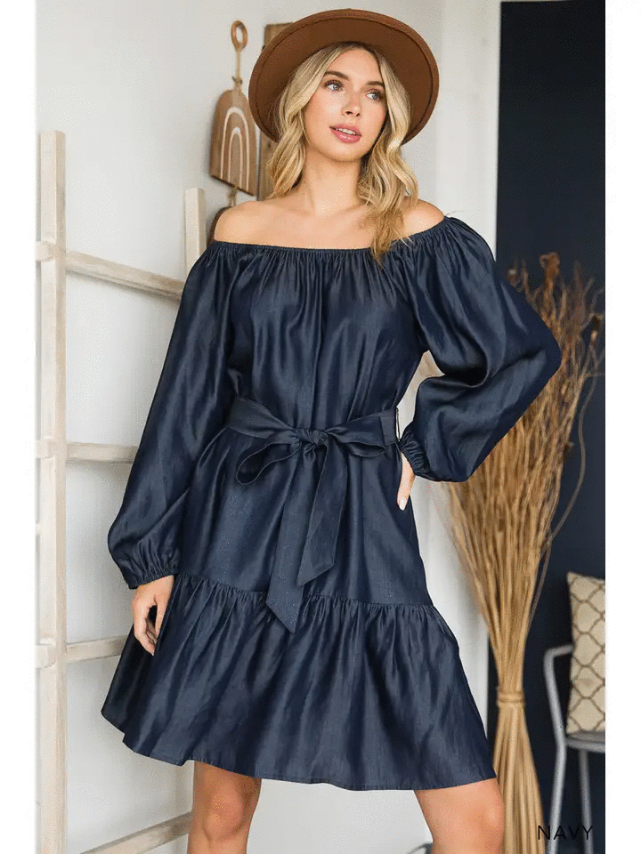 Women's Washed Soft Light Denim Off Shoulder Dress