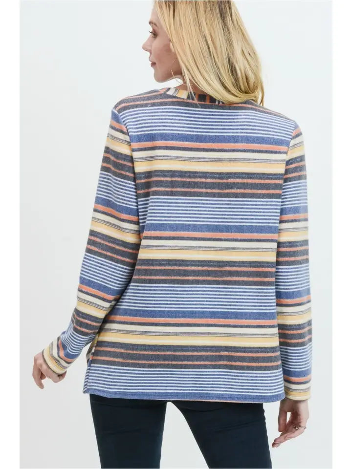 Women's multi-striped top with a front side twist