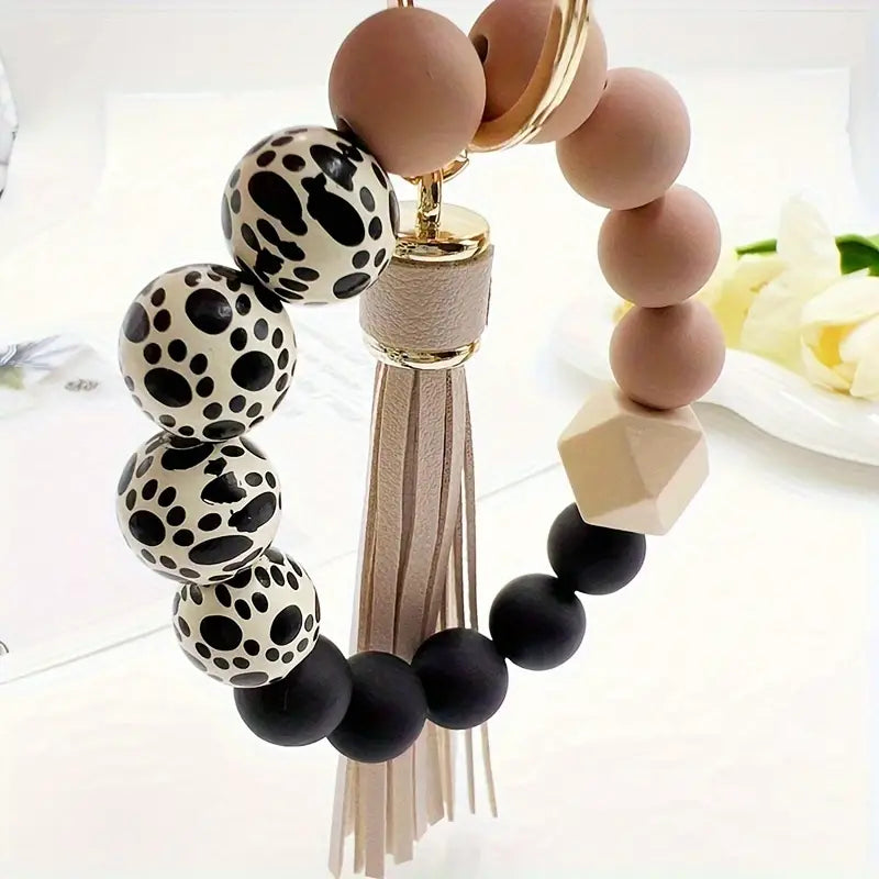 Silicone Animal Print Beaded Keychains - 6 Colors