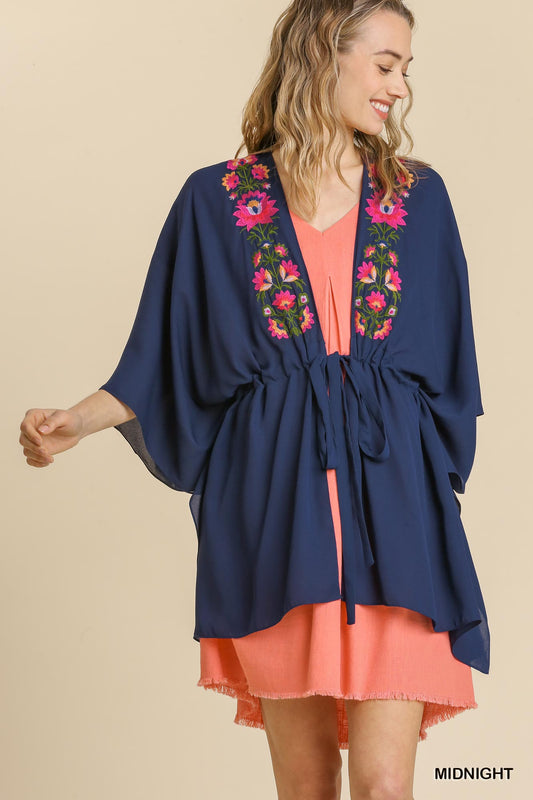 Sheer Floral Embroidered Open Front Kimono with Waist Tie