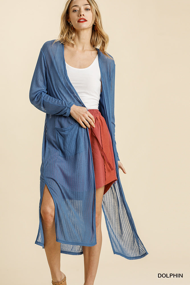 Sheer Open Front Long Ribbed Duster with Pockets and Side Slits