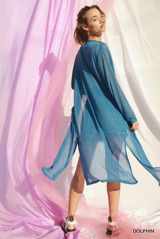 Sheer Open Front Long Ribbed Duster with Pockets and Side Slits