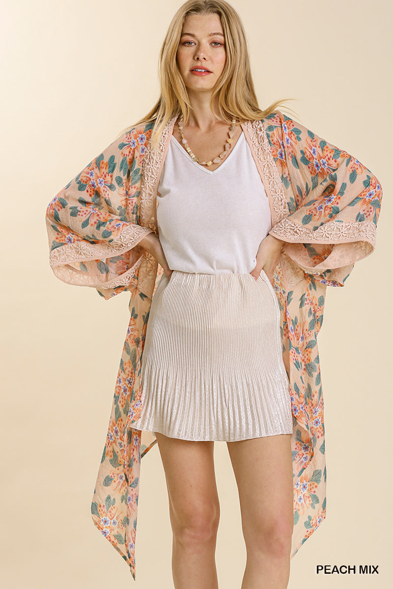 Sheer Floral Print Open Front Kimono with Crochet Detail