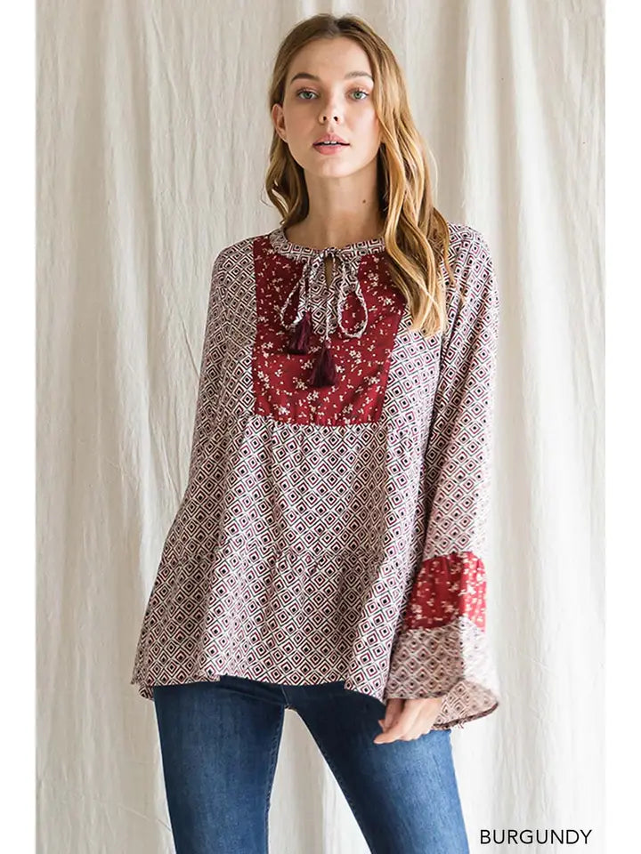 Women's Soft Boho Prints Mix Match Detailed Tired Top