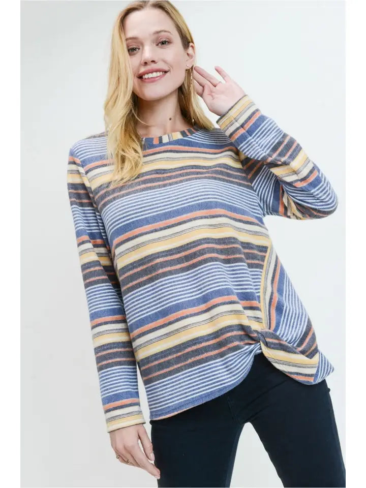 Women's multi-striped top with a front side twist